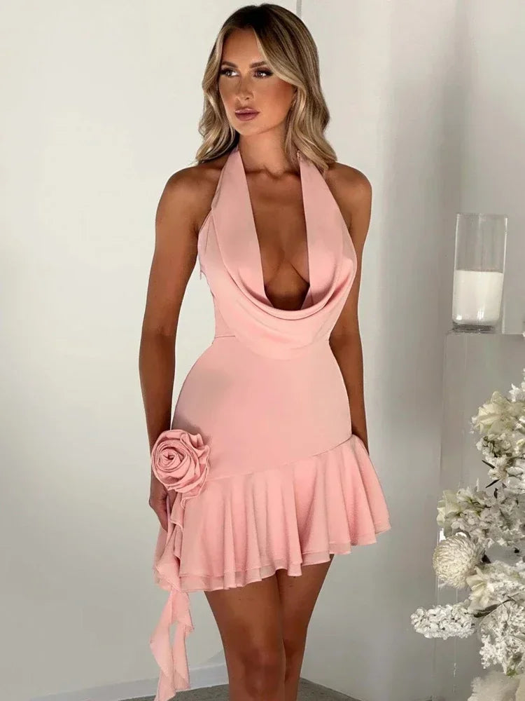 3d Floral Applique Ruffle Halter Mini Dresses Birthday Party Pink Black Cowl Neck Backless Clubbing Dress