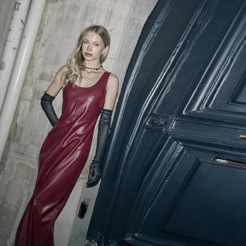 PU Leather Party Dress Women Night Sleeveless Split Long Dresses Fashion Fall Winter Clothes 2024