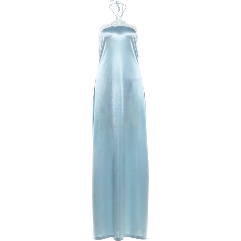Elegant Backless Satin Dress Women Fashion Classic Halter Bandages Lace Patchwork Sleeveless Sexy Party Club Bodycon