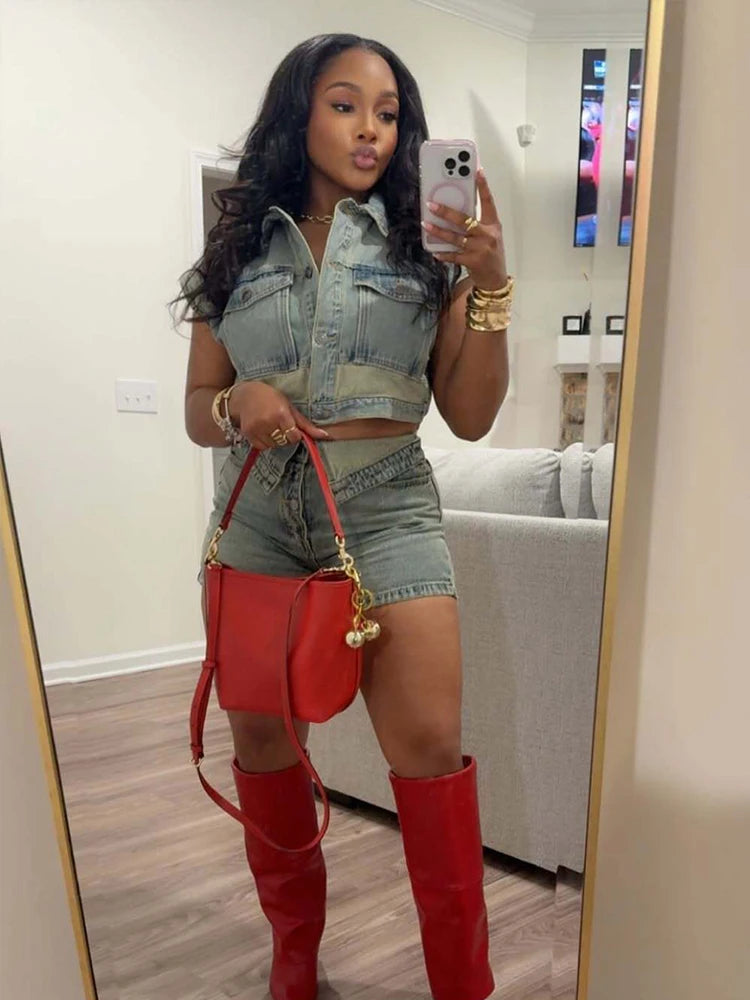 Patchwork Women 2 Piece Set Frock Tracksuit Single-Breasted Pocket Tank Tops+Lapel Short Matching Streetwear Outfits