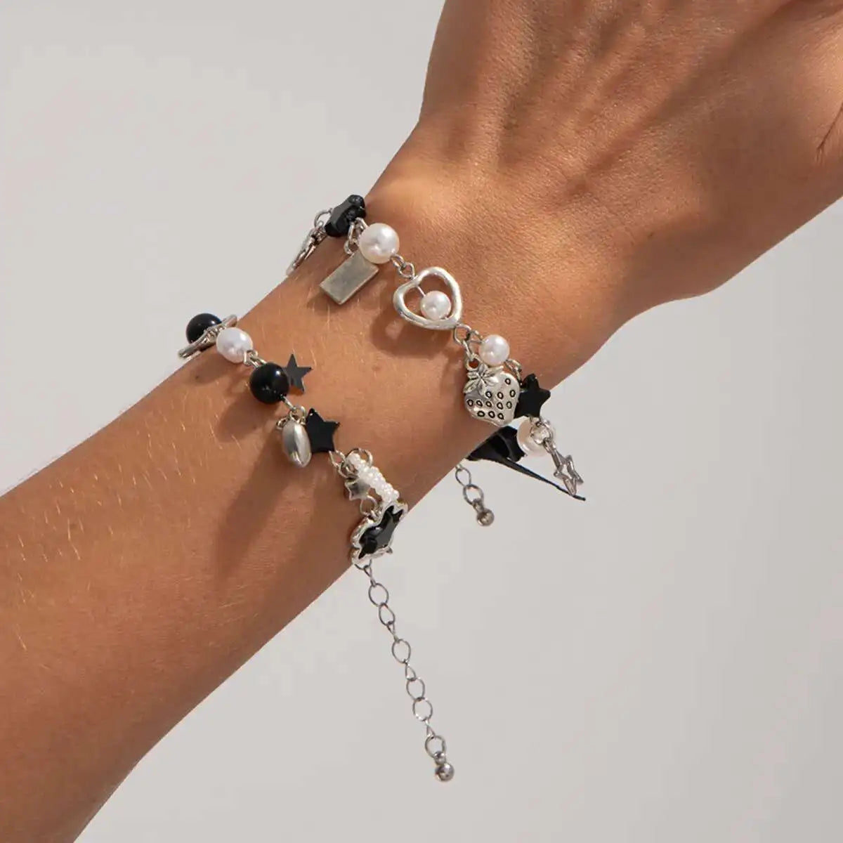 2Pcs/Set Aesthetic Ribbon Imitation Pearl Bracelets for Women Beads Acrylic Star Pendant Bangles Wedding Jewelry New