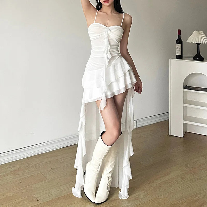 Y2k Sexy Mesh Ruffle Irregular High Low Dress White Black Sleeveless Long Dresses Summer Clothes Women 2024