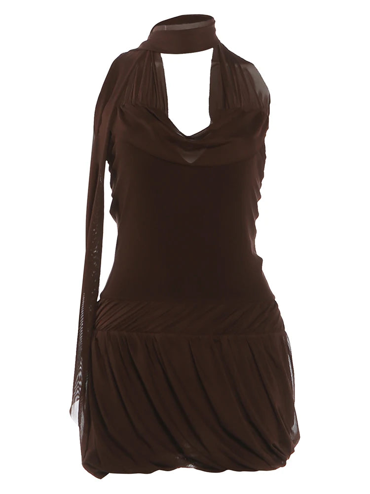Women Trend Sexy Silk Scarf+Dress Fashion Ruched Backless Patchwork Sleeveless Fashion Classic Vacation Party Bodycon