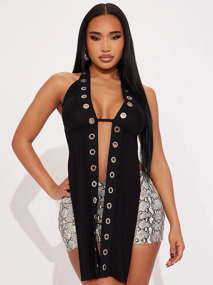 Sexy Women Halter Tank Tops Hollow Metal Hole Backless Lace-Up Sleeveless Wild Skinny Midnight Coquett Hottie Vest