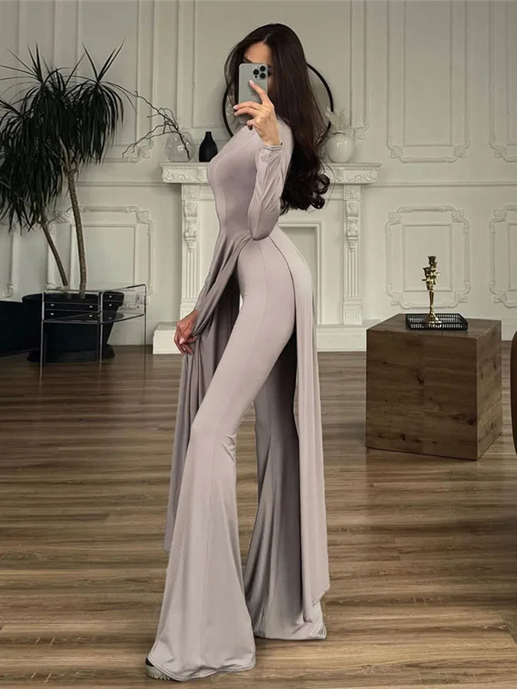 Casual Elegant 2 Piece Set Women o-Neck Skinny High Splits Maxi Dress+Solid Straight Pants Daily Simple Fashion Suit