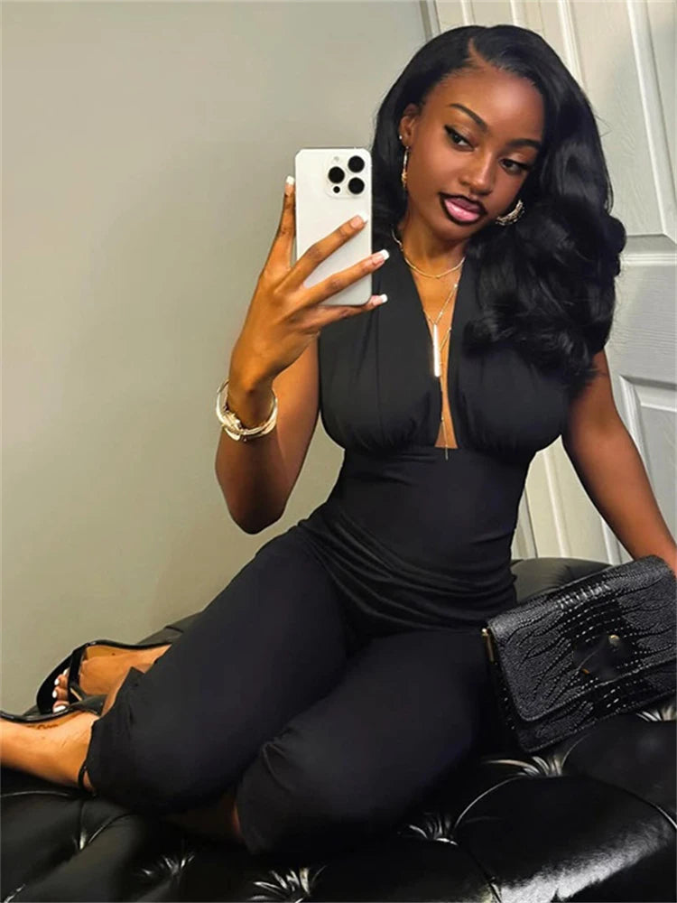 Casual Sporty Jumpsuits Women Summer New Style Ruched Deep V-Neck Sleeveless Street Solid Simple Fashion Overalls