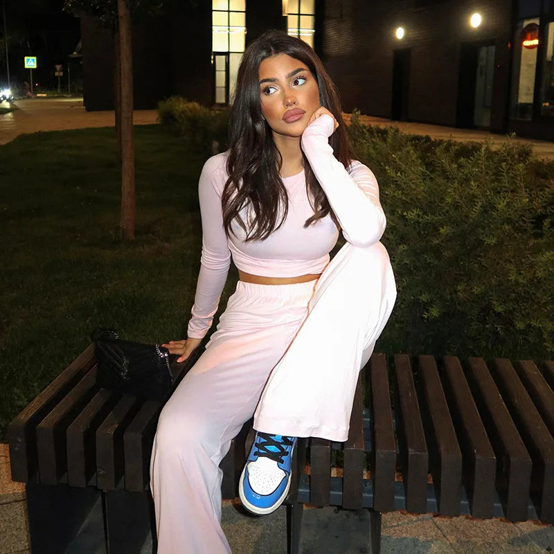 Fall Winter 2 Piece Set Long Sleeve Top Wide Leg Pants Suit Casual Clothing Cozy Lounge Sets Women Outfit