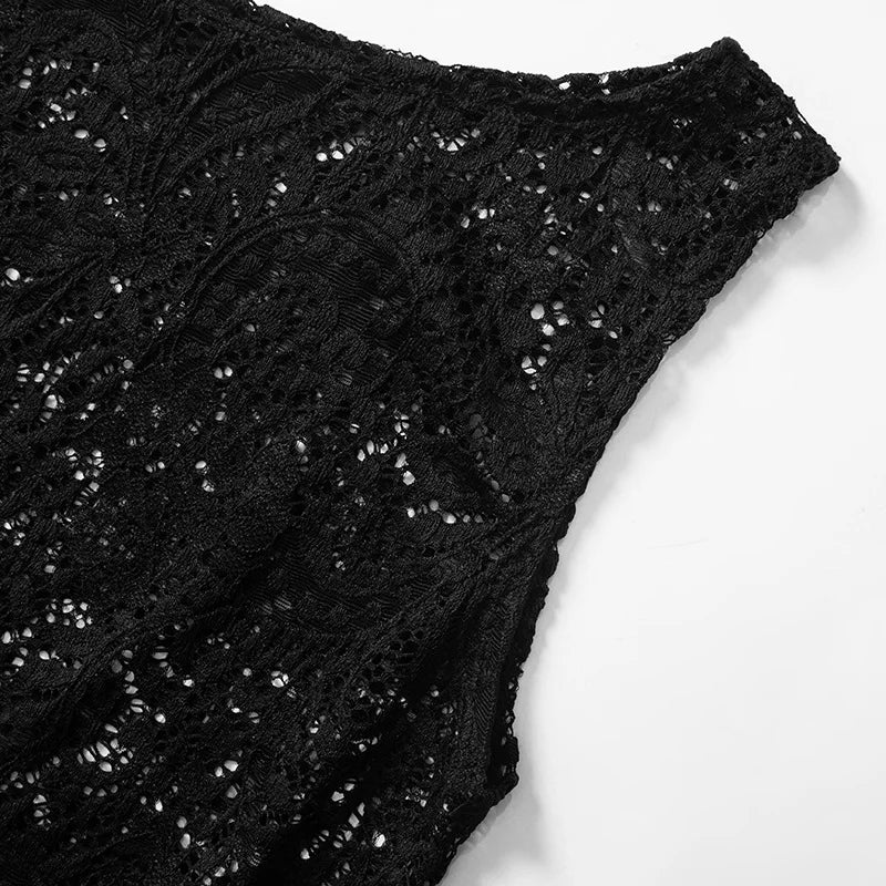 See Through Lace Tank Tops Black White French Style Sexy Sleeveless Shirts Women Summer Clothes