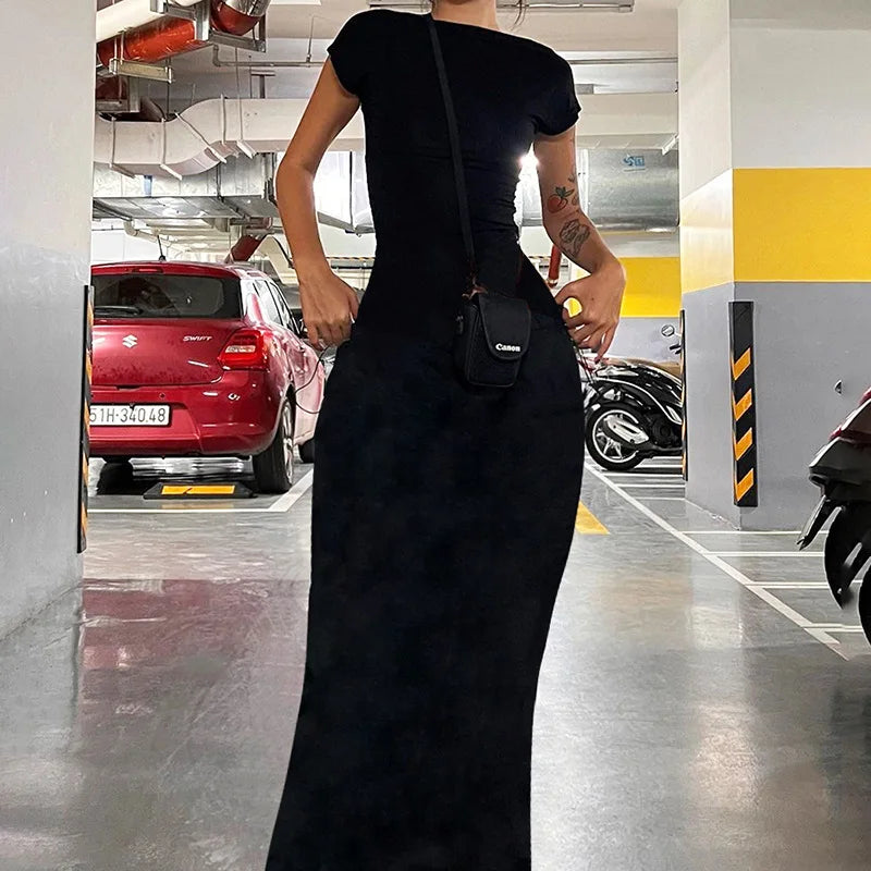 Short Sleeve Backless Long Dresses Sexy Outfits for Women Clothes Basics Casual Bodycon Grey Black Dress