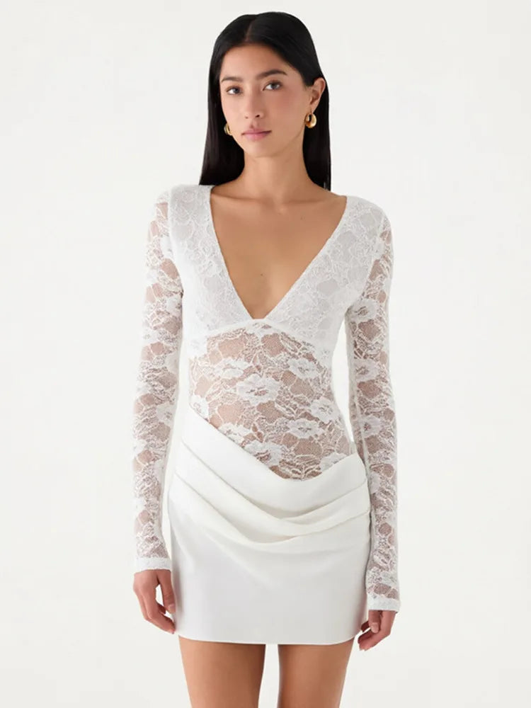 Women Deep V Neck Long Sleeve Sexy Mini Dress Lace Spliced Draped Ruched Bodycon Dress Night Club Party Evening Dresses