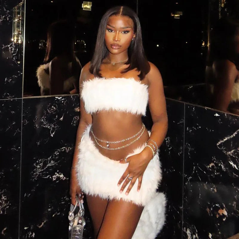 Cute Fluffy Knit Sweater Dress White Outfits Two Piece Sets Women Tube Top and Mini Skirt Matching Sets