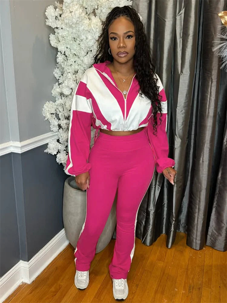 Contrast Patchwork Tracksuit 2 Piece Set Women Zipper Cardigan Jacket+Skinny Pants Casual Fashion Simple Sporty Suit