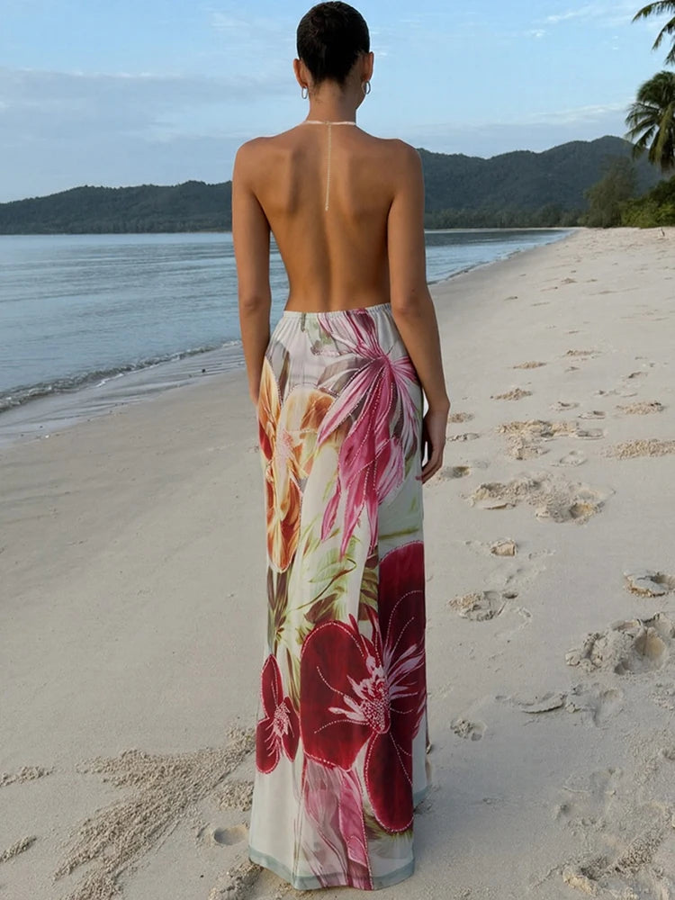 Floral Print Dress Women Bead Chain Halter Swing Collar Backless Vacation Fashion Beach Party Elegant Long Bodycon