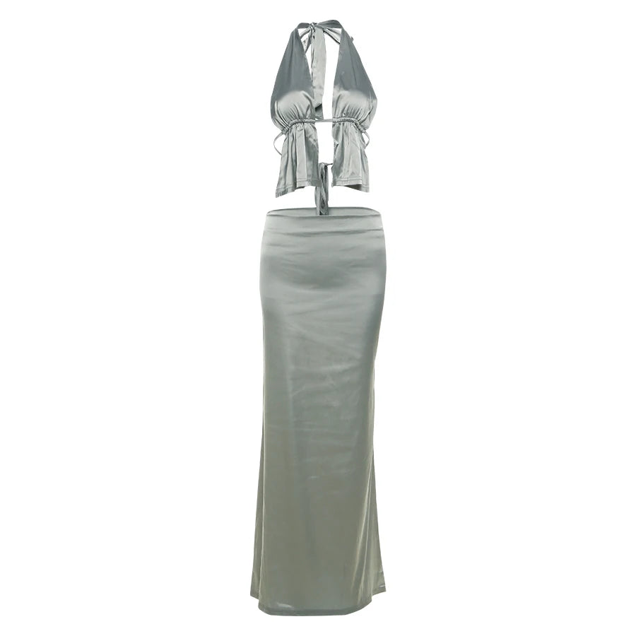 Silk Sexy 2 Piece Sets Female Summer Ruffles Bandage Halter Tops+Low Waist Long Skirts Beach Vacation Matching Suits