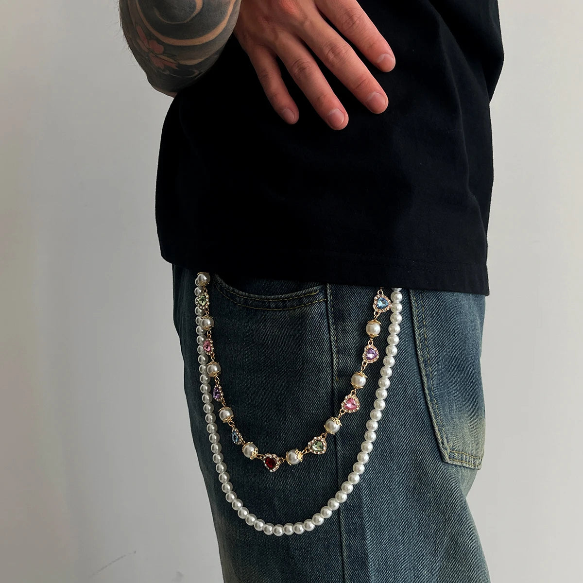 Hip Hop Luxury Rhinestone Love Heart Keychain Wallet Belt Chain Men Trousers Hipster Pant Chain Rock Jewelry Steampunk