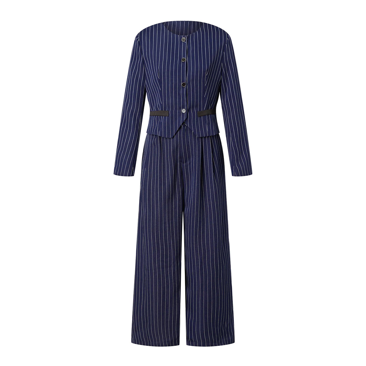 Women Pinstripe 2 Piece Outfit Round Neck Cropped Blazer High Waist Wide Leg Pants Elegant Business Office Matching Set