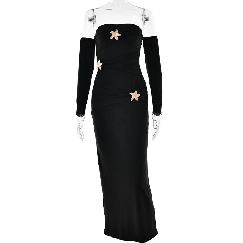 3d Flower Buckle Off The Shoulder Long Sleeve Evening Dress Women Elegant Sexy Birthday Dinner Outfit