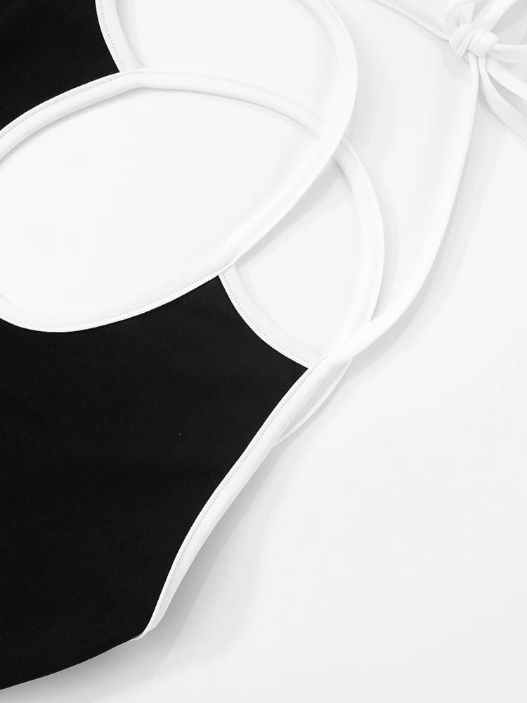 Casual Tracksuit 2 Piece Set Women Contrast Lace-Up Halter Backless Camisole+Stretch Pants Simple Fashion Outfits