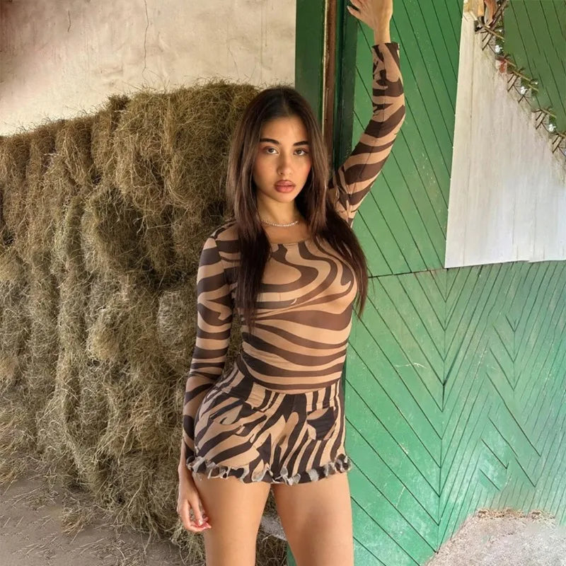 2 Pieces Set Crew Neck Long Sleeve Print Mesh Top and Frilly Shorts Sexy Nightclub Outfits Woman Fall 2025