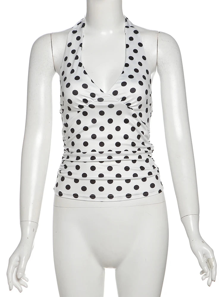 Halter v-Neck Vest Women Y2K Lace-Up Backless Polka Dot Print  Skinny Summer Fashion Daily Street Basic Tank Tops