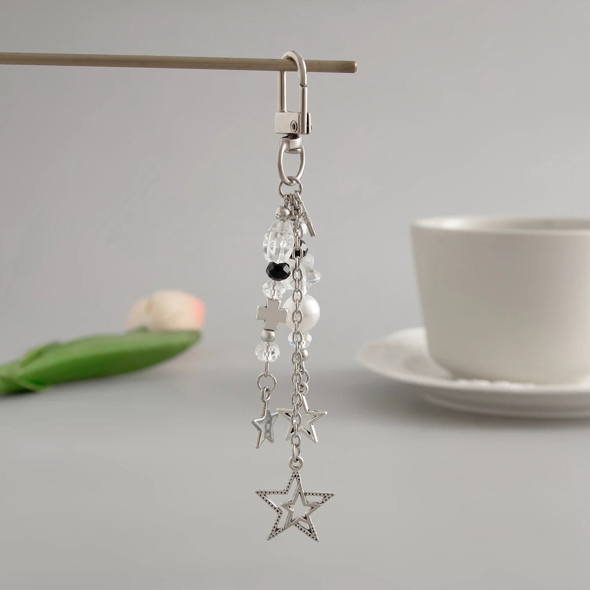 Vintage Hollow Star Cross Pendant Keychain Korean Fashion Beads Keyring Jeans Bag Chain Pendant Y2K Jewelry Accessories