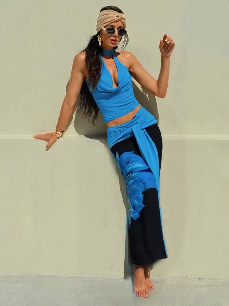 Sexy 2-Piece Set Women Halter Swing Collar Backless Tank Tops+Print Patchwork Tassels Folds Skirt Chic Vacation Suit