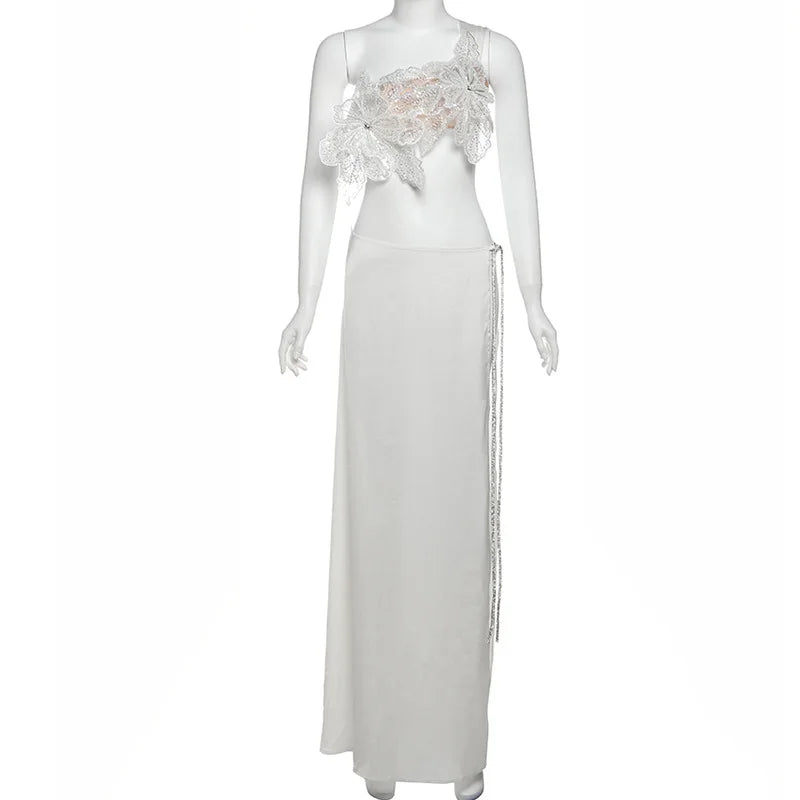 White Sexy 2 Piece Sets Women Party Outfit Sequined 3d Floral-applique Lace-up Crop Top Split Long Skirt Set