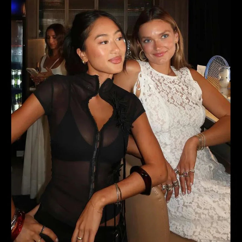 Sexy Mesh Sheer Black Shirts & Blouses 3d Flower Appliques Turtleneck Short Sleeve Crop Tops Cardigan