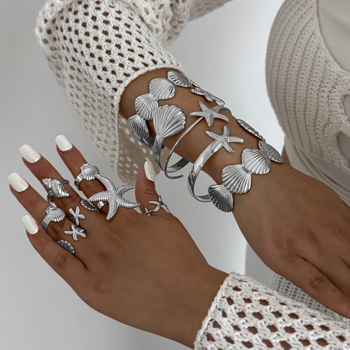 12Pcs/Set Punk Starfish Scallop Open Cuff Bangles Adjustable Rings for Women Boho Armband Bracelets Summer Jewelry Set