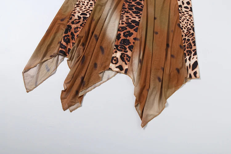 Patchwork Colorful Leopard Print Dress Women Fashion Hottie Irregular Hem Low-Neck Trend Wild Vacation Party Clubwear