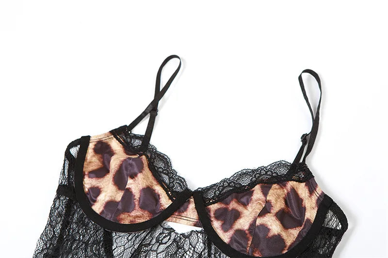 Sexy Leopard Lace Mesh Shirts See Through Black Tank Top Woman Summer Clothes Y2k Camisole Club Wear