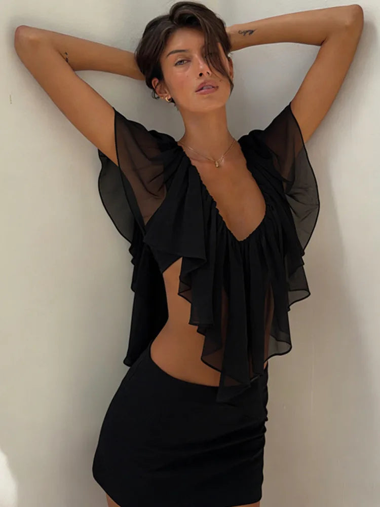 Ruffled Sexy Two Piece Set Women V Neck Sleeveless Tank Top Mini Skirt Matching Sets Female Club Party Dress Sets