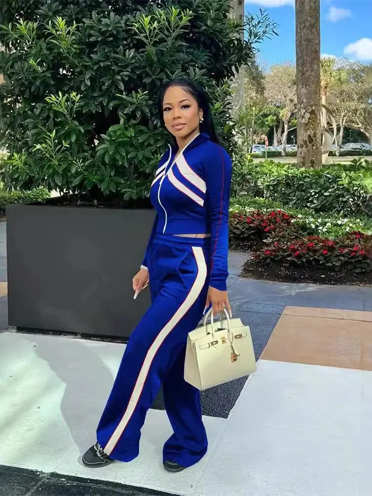 Contrast Patchwork 2 Piece Set Women Tracksuit Full Sleeve Zip Crop Jacket+Straight Pants Elastic Casual Streetwear