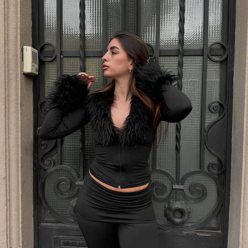 Zip Up Cardigan Long Sleeve Top with Fluffy Faux Fur Collar and Cuffs 2026 Fall Winter T Shirts Woman