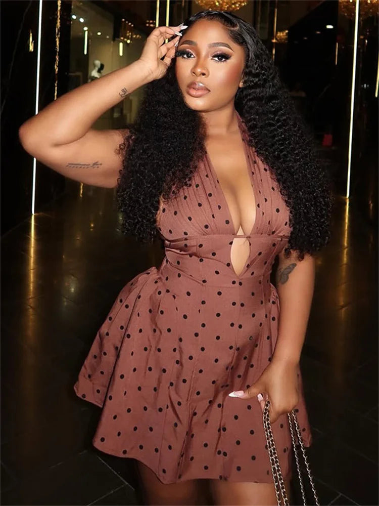 Polka Dot Print Mini Dress Women Halter Deep V-Neck Backless Sleeveless Midnight Party Ruched Elegant Skinny Clubwear