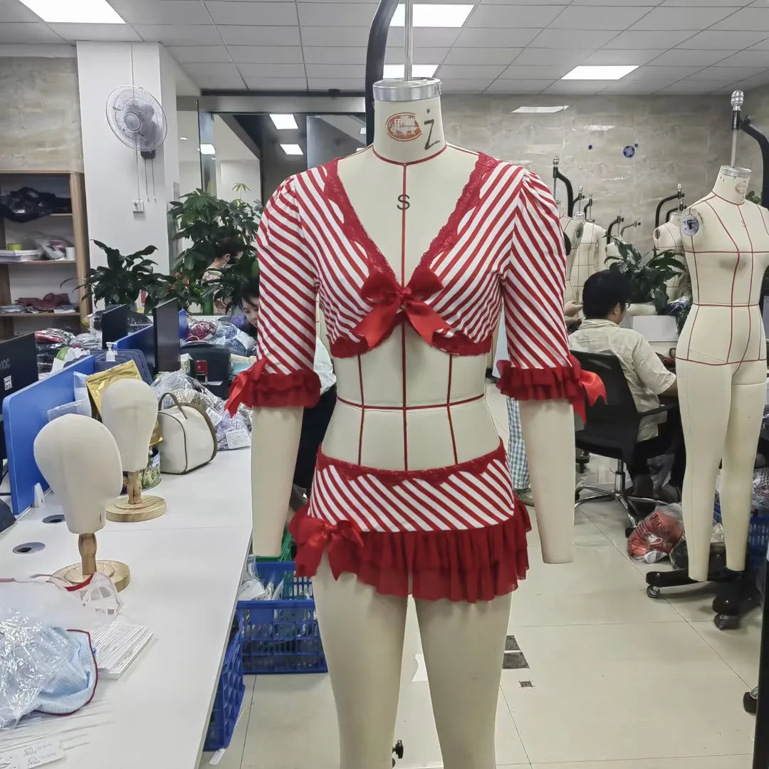Women's Striped Candy Girl Christmas Cosplay Costume 3 4 Sleeve Lace Bow Crop Top Ruffle Mini Skirt Party Fancy Dress