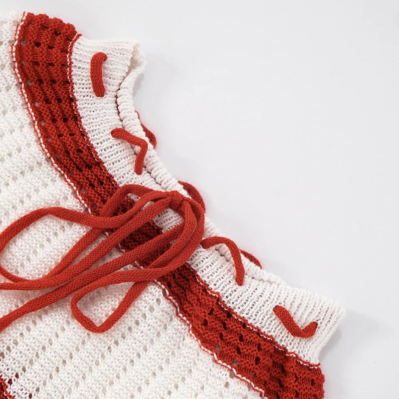 Crochet 2 Piece Set Women Hollow Beach Vacation Shirring Strapless Tops+Contrast Shorts Matching Tight Stretch Suits