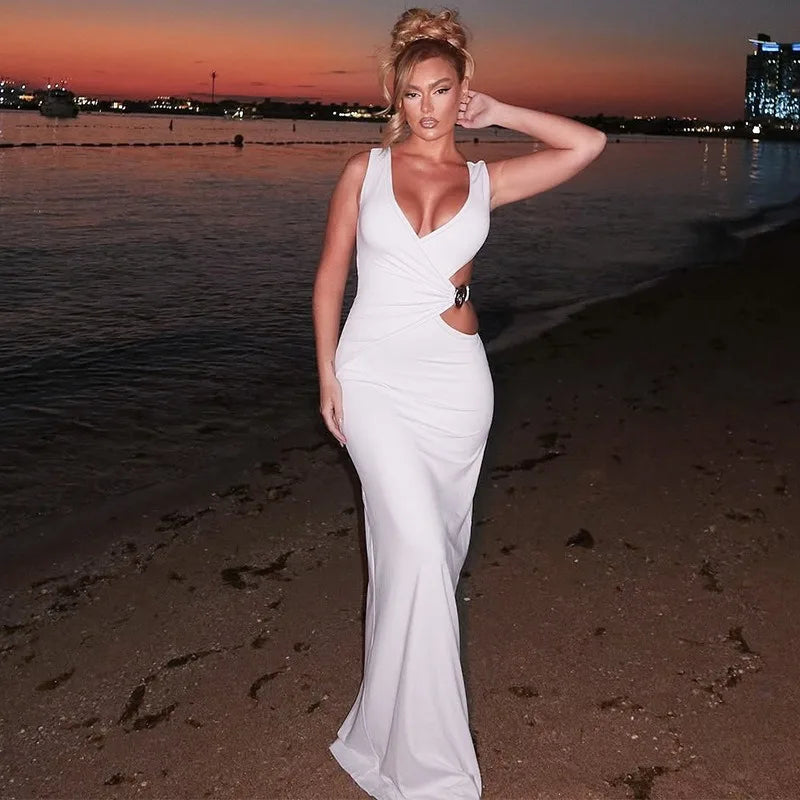 Side Cutout V Neck Sleeveless Long Dresses Black White Elegant Dresses Woman 2025 Luxury Party Gowns