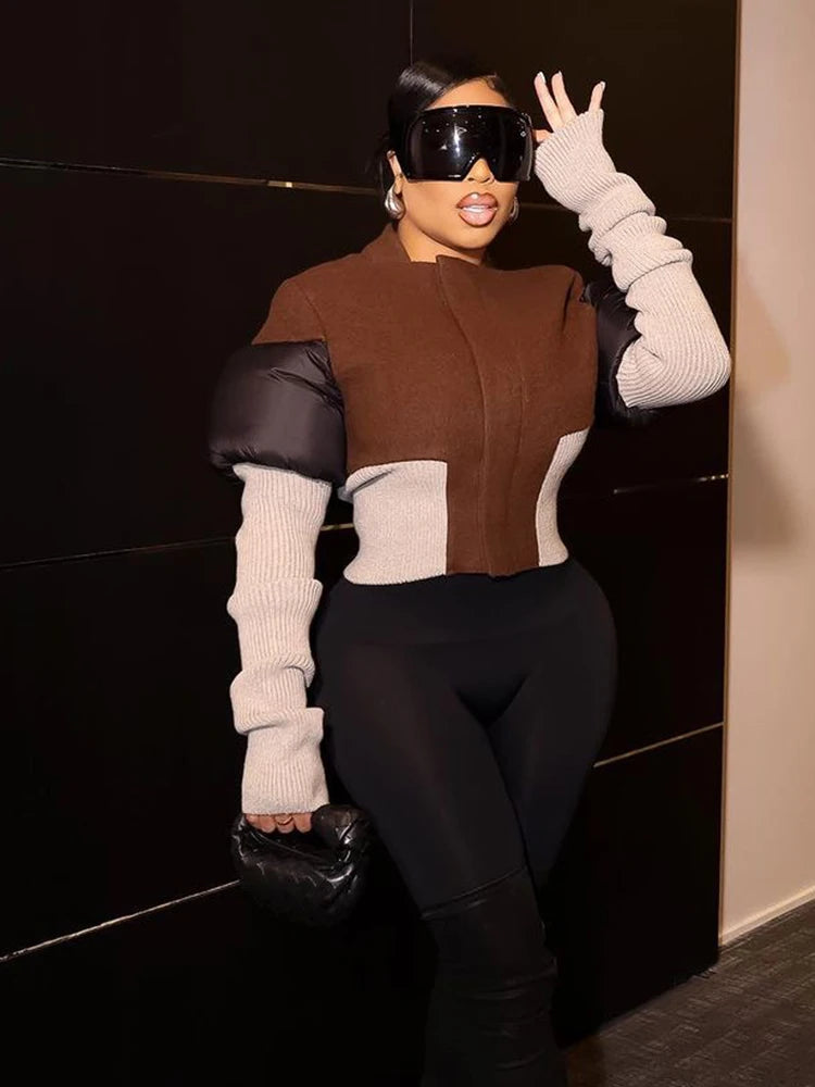 Contrast Patchwork Jacket Women Chic Zip Hipster Winter Trend full Sleeve Coat Wild Streetwear Casual Jersey Outwear