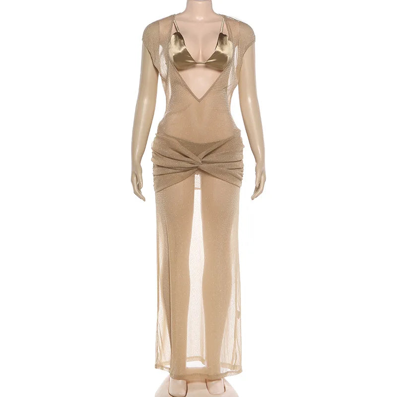 Women 3 Piece Glitter Sheer Mesh Dress Set with Satin Bikini Set Cap Sleeve Deep V Neck Twisted Waist Backless Cover Up