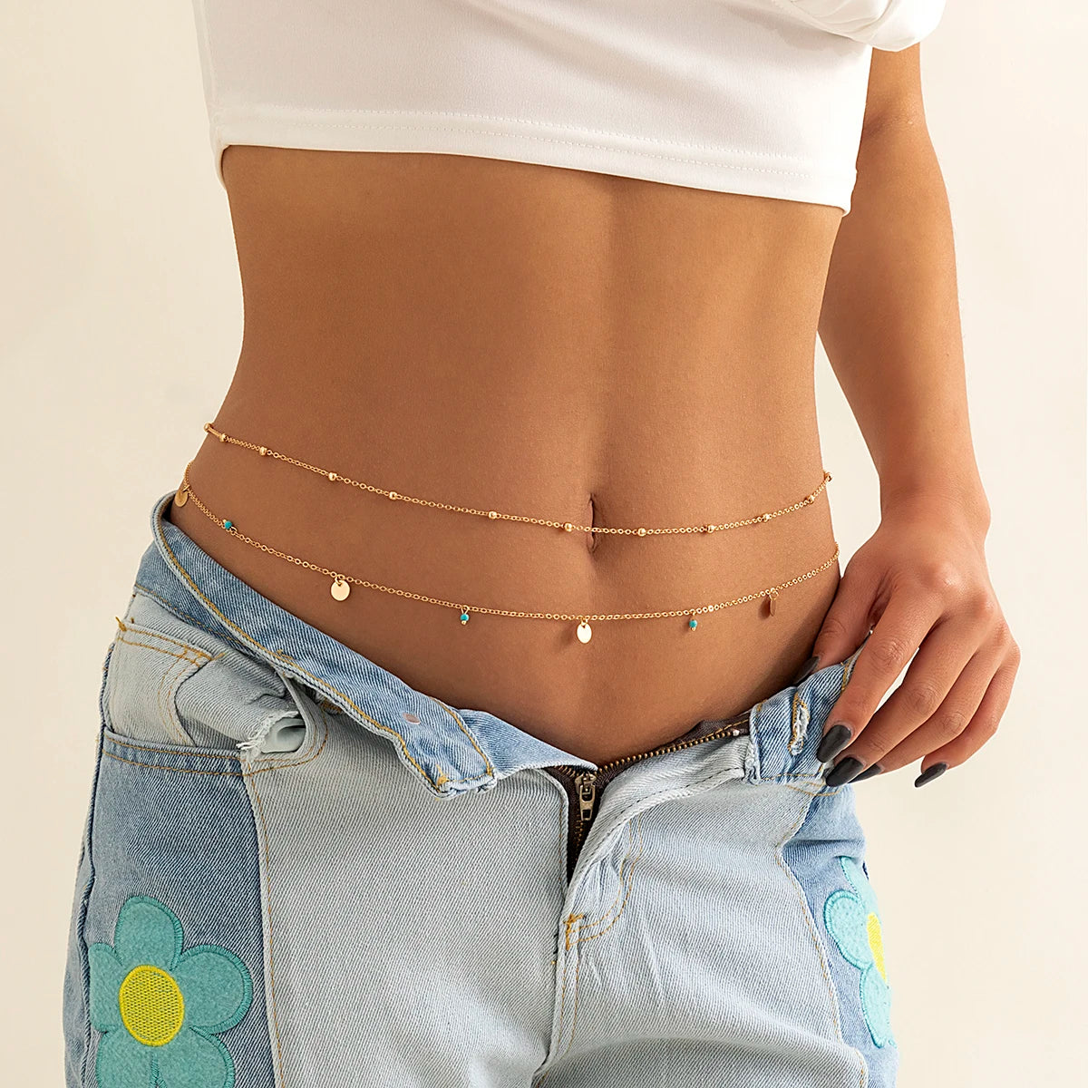 2Pcs/Set Boho Minimalism Waist Beads Chain for Women Summer Bikinis Vintage Geometric Sequins Belly Belt Body Jewelry