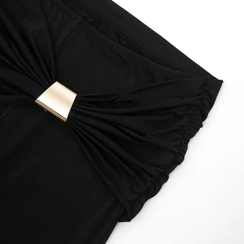 Sexy Black Two Piece Outfit for Woman Open Back Halter Top Metal Buckle Flare Pants Matching Sets Club Wear