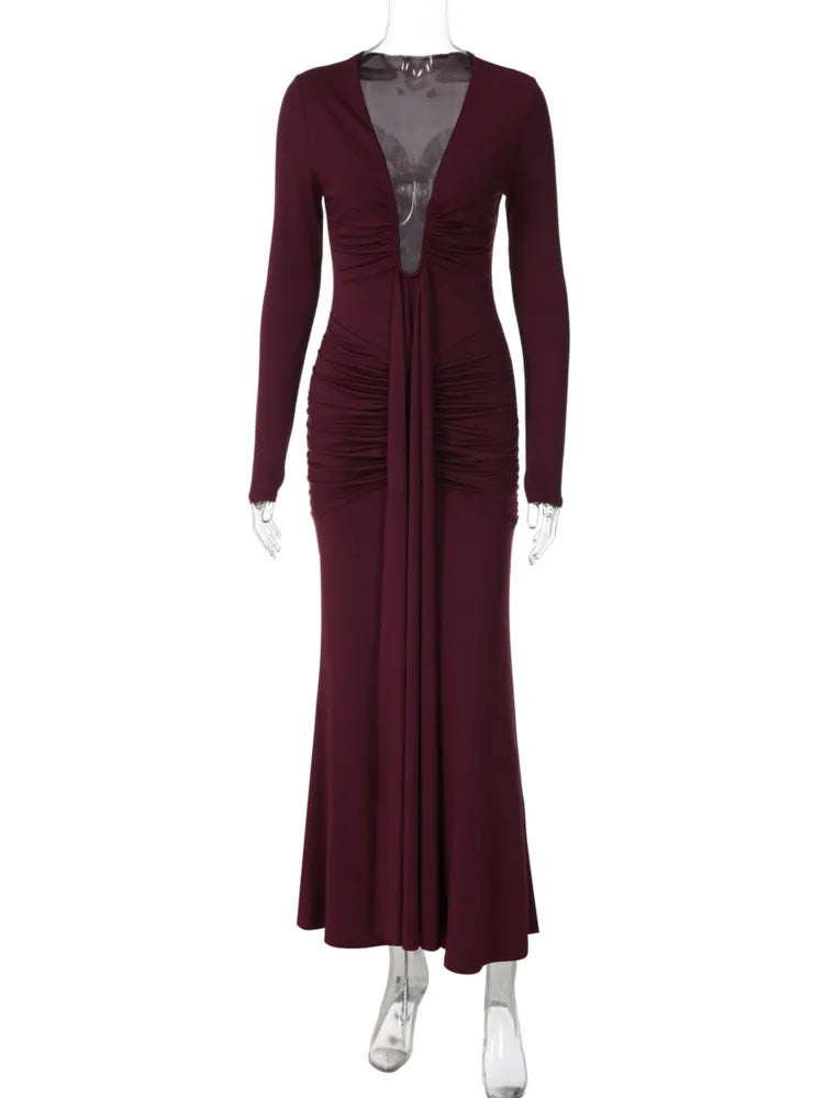 Deep V Neck Long Sleeve Sexy Maxi Dress Women Gown Spring Elegant Draped Ruched Bodycon Club Party Long Dresses Female