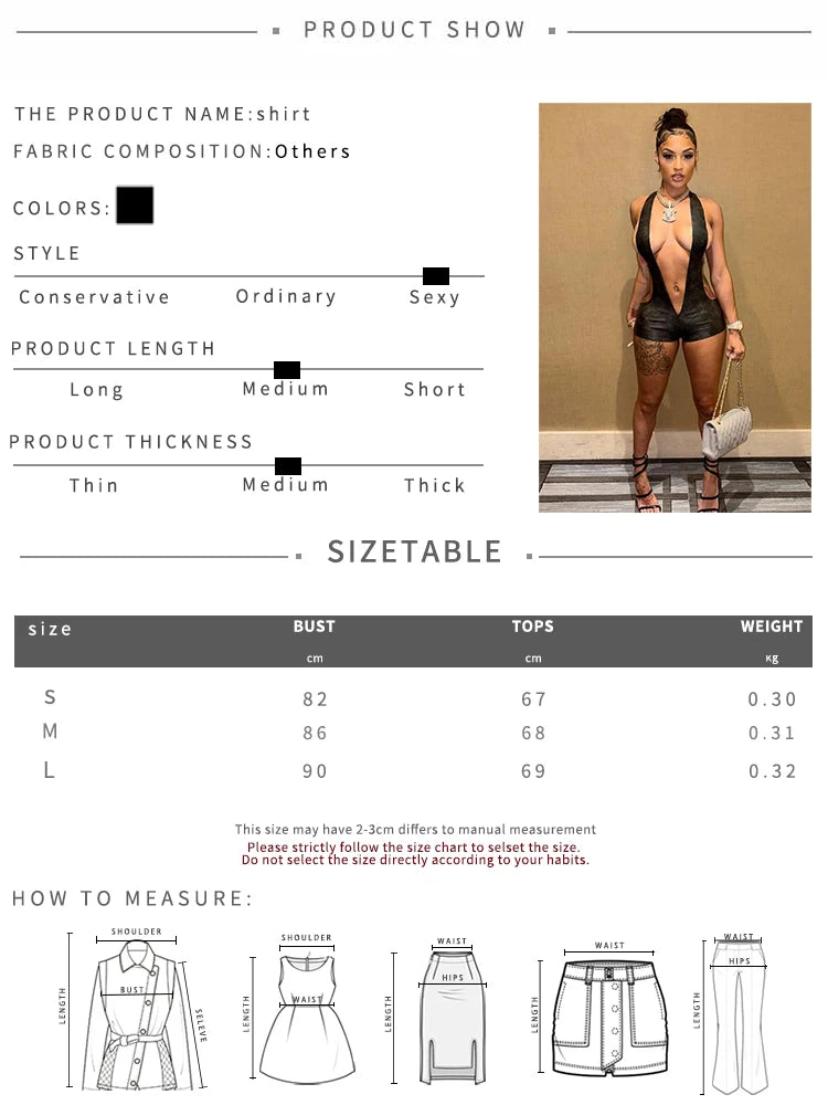 Backless Playsuit Woman Faux Leather Halter Deep V-Neck Side Hollow Design Lace-Up Hottie Wild StyleSexy Fashion Rompers