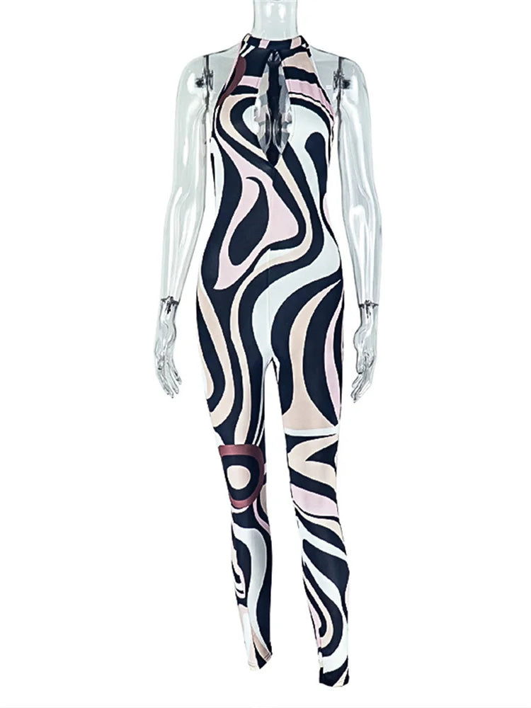 Zebra Print Jumpsuit Women o-Neck Sexy Hollow Off shoulder Sleeveless Skinny Peach Hip Hottie Street Fashion Overalls