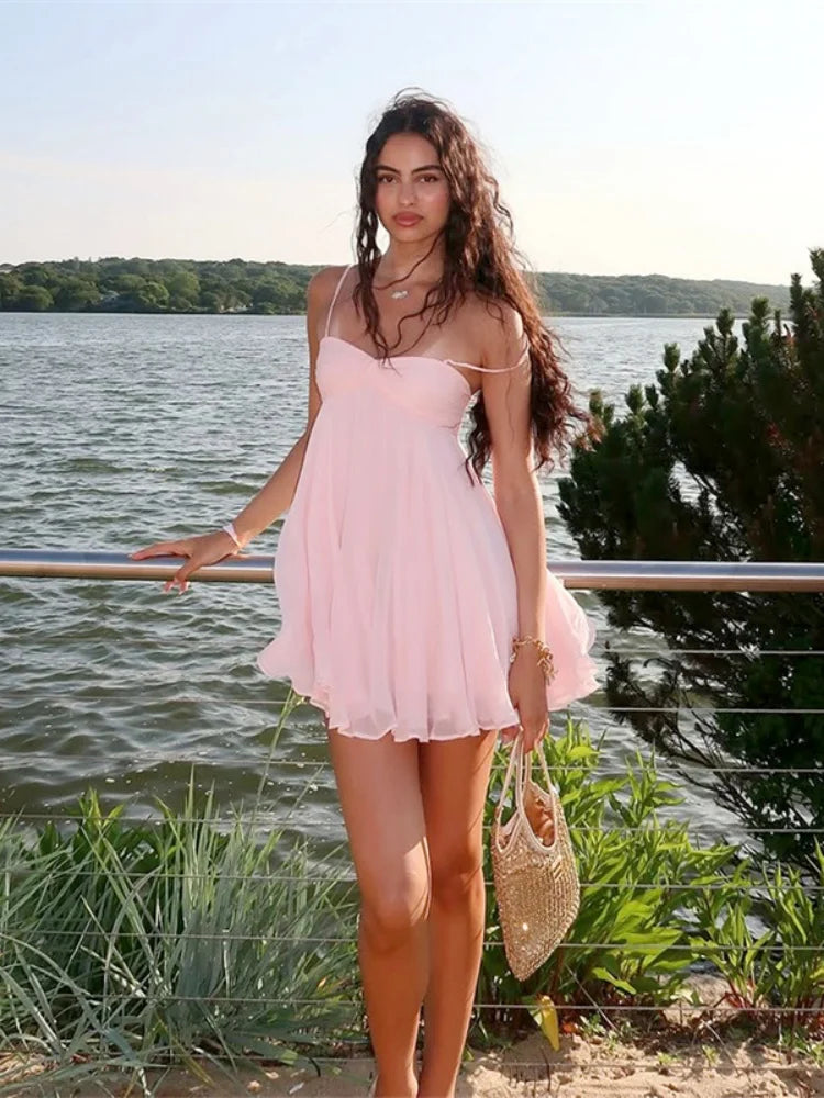 Chiffon Pink Princess Dress Woman Clothes Sexy Spaghetti Strap Backless Mini Dresses