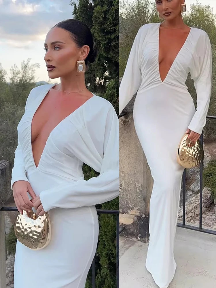 Deep V-Neck Maxi Dress Women Y2K Elastic Long Sleeve Elegant Ruched Stretchy Skinny Cocktail Birthday Party Vestidos
