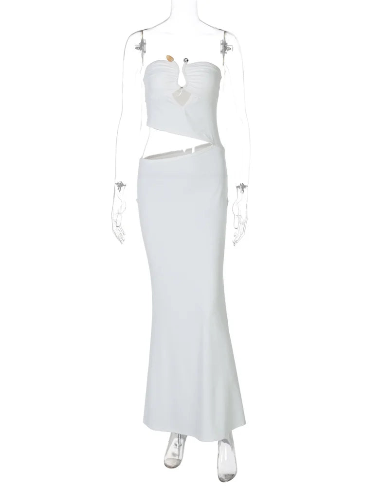 Irregular Hollow Strapless Dress Women Metal Rings Patchwork Waistless Vacation Beach Party Ruched Elegant Vestidos