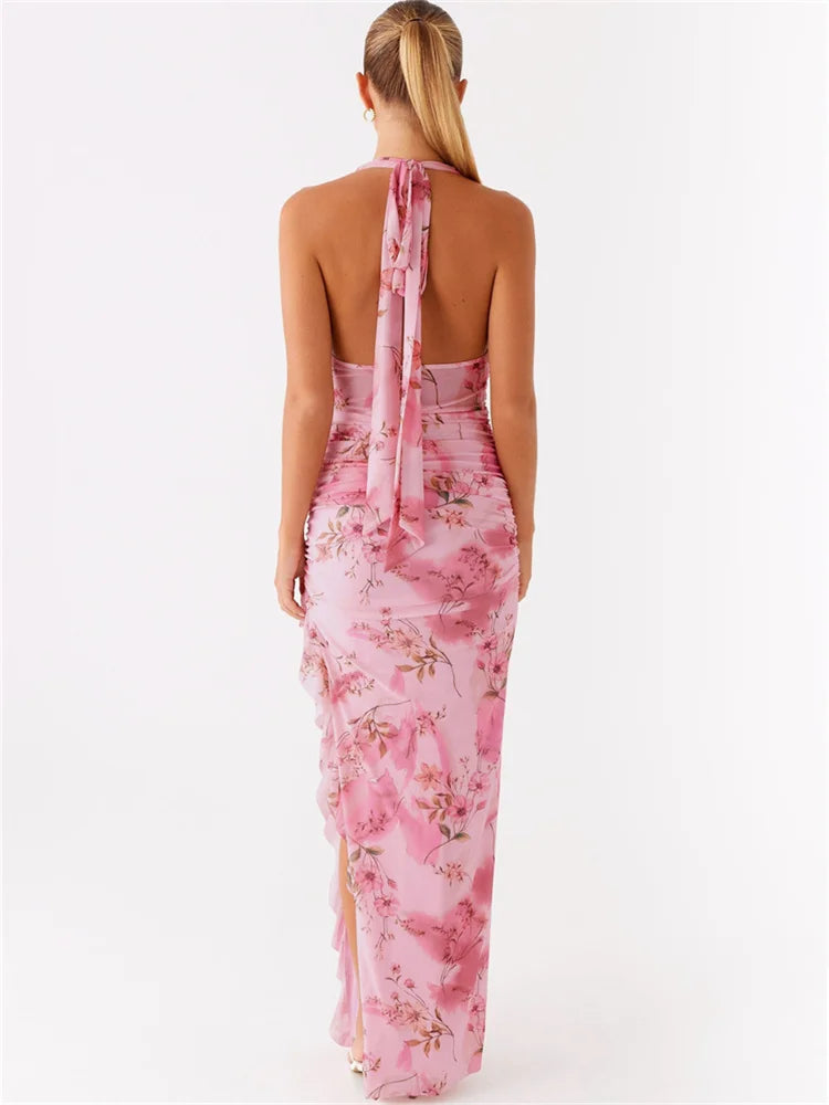 Flower Print Maxi Dress Women Bandage Halter Low-Neck Sexy Backless Ruffles Split Hem Vacation Trend Elegant Vestidos
