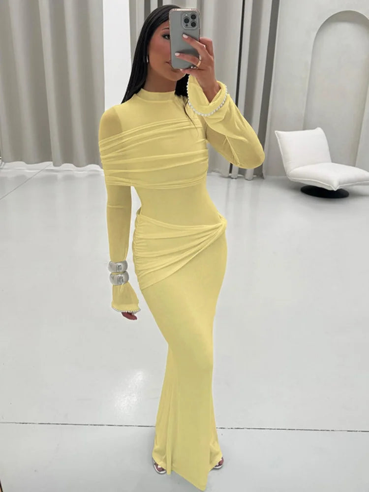 Mesh Patchwork Long Sleeve Maxi Dress White Elegant Dresses for Woman for Party Evening Gown Fall Winter 2025